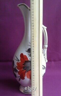 Jug Faience High Neck Painted Flower Hand Pitcher Floral Ewer Water Pottery Tin