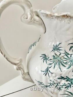 LARGE Vintage White Green Floral Jug Water Pitcher Ceramic Gold Dusting