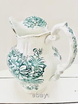 LARGE Vintage White Green Floral Jug Water Pitcher Ceramic Gold Dusting