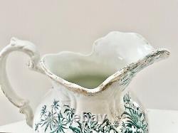 LARGE Vintage White Green Floral Jug Water Pitcher Ceramic Gold Dusting