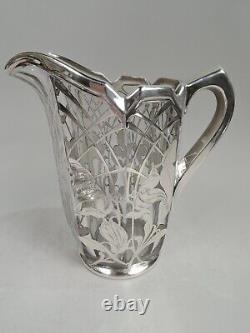 La Pierre Water Pitcher Large Antique Art Nouveau American Glass Silver Overlay