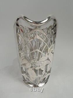 La Pierre Water Pitcher Large Antique Art Nouveau American Glass Silver Overlay