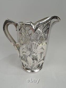 La Pierre Water Pitcher Large Antique Art Nouveau American Glass Silver Overlay