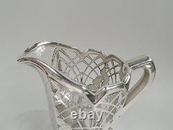 La Pierre Water Pitcher Large Antique Art Nouveau American Glass Silver Overlay