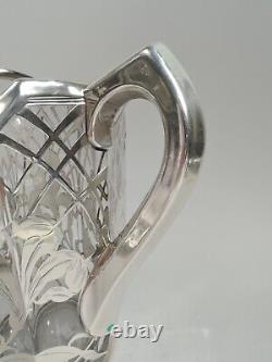 La Pierre Water Pitcher Large Antique Art Nouveau American Glass Silver Overlay