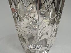 La Pierre Water Pitcher Large Antique Art Nouveau American Glass Silver Overlay