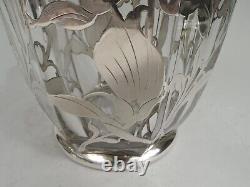 La Pierre Water Pitcher Large Antique Art Nouveau American Glass Silver Overlay