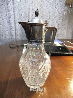 Large Antique 800 Silver Crystal Water Claret Jug Pitcher Clemens Dahmen c 1890