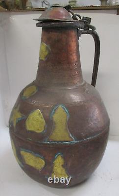 Large Antique Copper Water Jug Pitcher with Brass Adornments 17 High