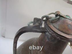 Large Antique Copper Water Jug Pitcher with Brass Adornments 17 High