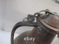Large Antique Copper Water Jug Pitcher with Brass Adornments 17 High