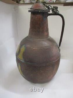 Large Antique Copper Water Jug Pitcher with Brass Adornments 17 High