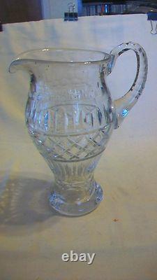 Large Clear Cut Glass with Raised Details Water Pitcher 10 tall