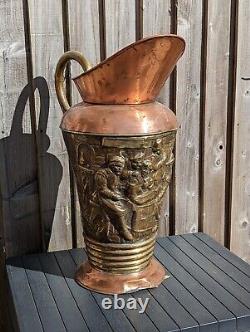 Large French Copper Water Jug Pitcher Repoussé Tavern Scene Hammered Brass