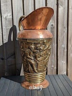 Large French Copper Water Jug Pitcher Repoussé Tavern Scene Hammered Brass