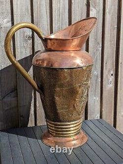 Large French Copper Water Jug Pitcher Repoussé Tavern Scene Hammered Brass