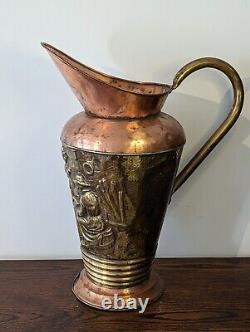 Large French Copper Water Jug Pitcher Repoussé Tavern Scene Hammered Brass