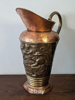 Large French Copper Water Jug Pitcher Repoussé Tavern Scene Hammered Brass