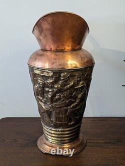 Large French Copper Water Jug Pitcher Repoussé Tavern Scene Hammered Brass