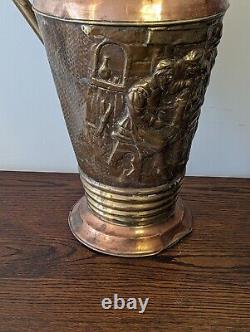 Large French Copper Water Jug Pitcher Repoussé Tavern Scene Hammered Brass