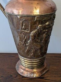 Large French Copper Water Jug Pitcher Repoussé Tavern Scene Hammered Brass