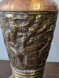 Large French Copper Water Jug Pitcher Repoussé Tavern Scene Hammered Brass