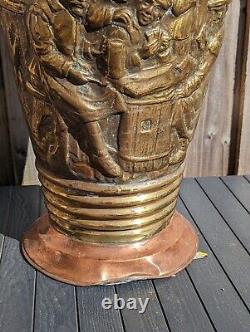 Large French Copper Water Jug Pitcher Repoussé Tavern Scene Hammered Brass