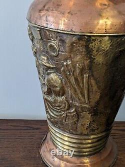 Large French Copper Water Jug Pitcher Repoussé Tavern Scene Hammered Brass