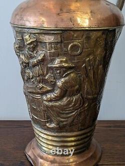 Large French Copper Water Jug Pitcher Repoussé Tavern Scene Hammered Brass