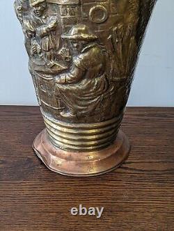 Large French Copper Water Jug Pitcher Repoussé Tavern Scene Hammered Brass