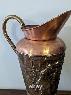 Large French Copper Water Jug Pitcher Repoussé Tavern Scene Hammered Brass