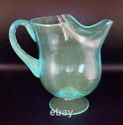 Large Hand Blown Glass Pitcher, Turquoise Blue, Mid Century, Water Pitcher, GLOW