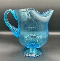 Large Hand Blown Glass Pitcher, Turquoise Blue, Mid Century, Water Pitcher, GLOW