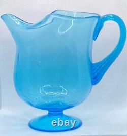 Large Hand Blown Glass Pitcher, Turquoise Blue, Mid Century, Water Pitcher, GLOW