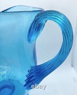 Large Hand Blown Glass Pitcher, Turquoise Blue, Mid Century, Water Pitcher, GLOW