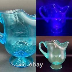 Large Hand Blown Glass Pitcher, Turquoise Blue, Mid Century, Water Pitcher, GLOW