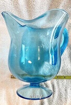 Large Hand Blown Glass Pitcher, Turquoise Blue, Mid Century, Water Pitcher, GLOW