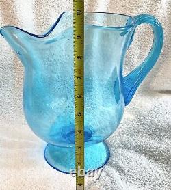 Large Hand Blown Glass Pitcher, Turquoise Blue, Mid Century, Water Pitcher, GLOW