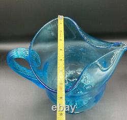 Large Hand Blown Glass Pitcher, Turquoise Blue, Mid Century, Water Pitcher, GLOW