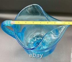 Large Hand Blown Glass Pitcher, Turquoise Blue, Mid Century, Water Pitcher, GLOW