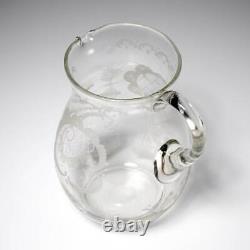 Large Handblown Glass Etched Deer Bird Tree Vintage Water Cocktail Pitcher Jug