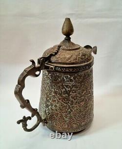 Large Kashmiri copper & brass lidded water ewer, pitcher jug with foliate detail