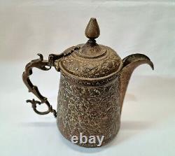 Large Kashmiri copper & brass lidded water ewer, pitcher jug with foliate detail