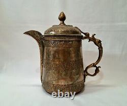 Large Kashmiri tinned copper lidded water ewer, pitcher, jug with foliate detail
