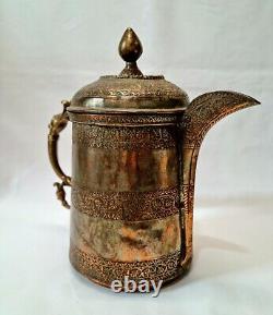 Large Kashmiri tinned copper lidded water ewer, pitcher, jug with foliate detail