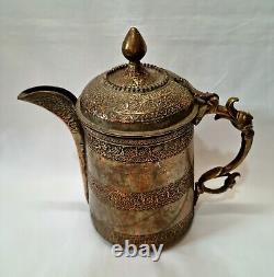 Large Kashmiri tinned copper lidded water ewer, pitcher, jug with foliate detail