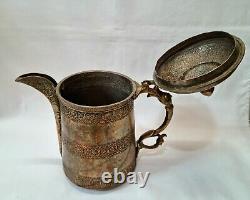 Large Kashmiri tinned copper lidded water ewer, pitcher, jug with foliate detail