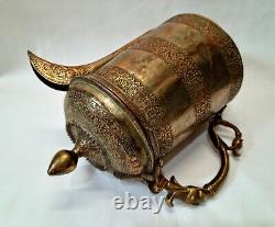 Large Kashmiri tinned copper lidded water ewer, pitcher, jug with foliate detail