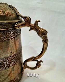 Large Kashmiri tinned copper lidded water ewer, pitcher, jug with foliate detail