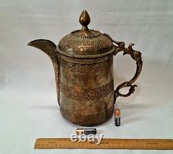 Large Kashmiri tinned copper lidded water ewer, pitcher, jug with foliate detail